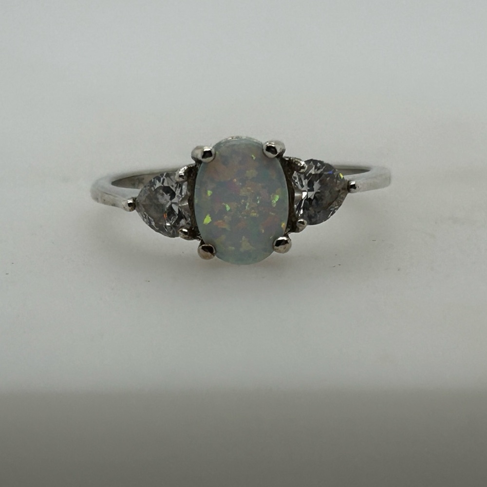 Sterling silver opal and white sapphire ring size 6.5